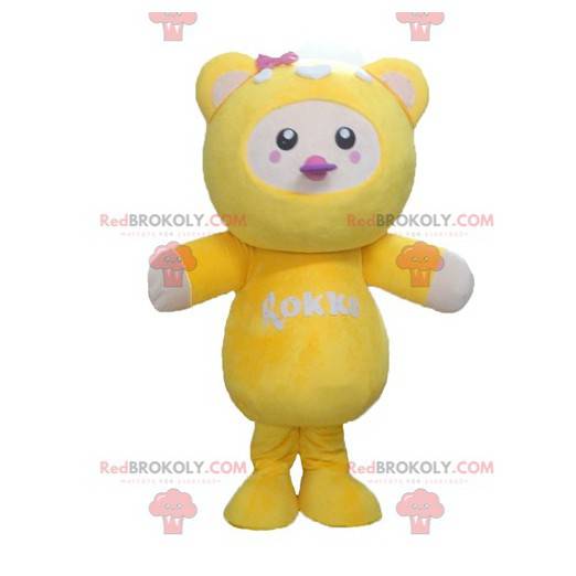 Plump and cute yellow white and pink chick mascot -