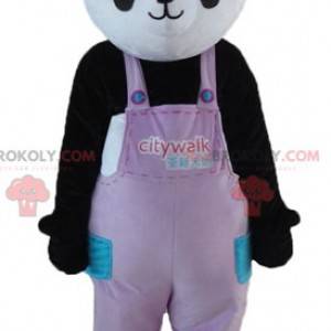 Mascote do panda preto e branco de macacão e chapéu -