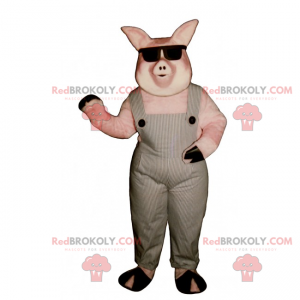 Mascotte de cochon en salopette et lunettes noires -