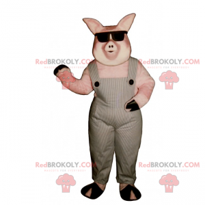 Pig mascot in overalls and dark glasses - Redbrokoly.com