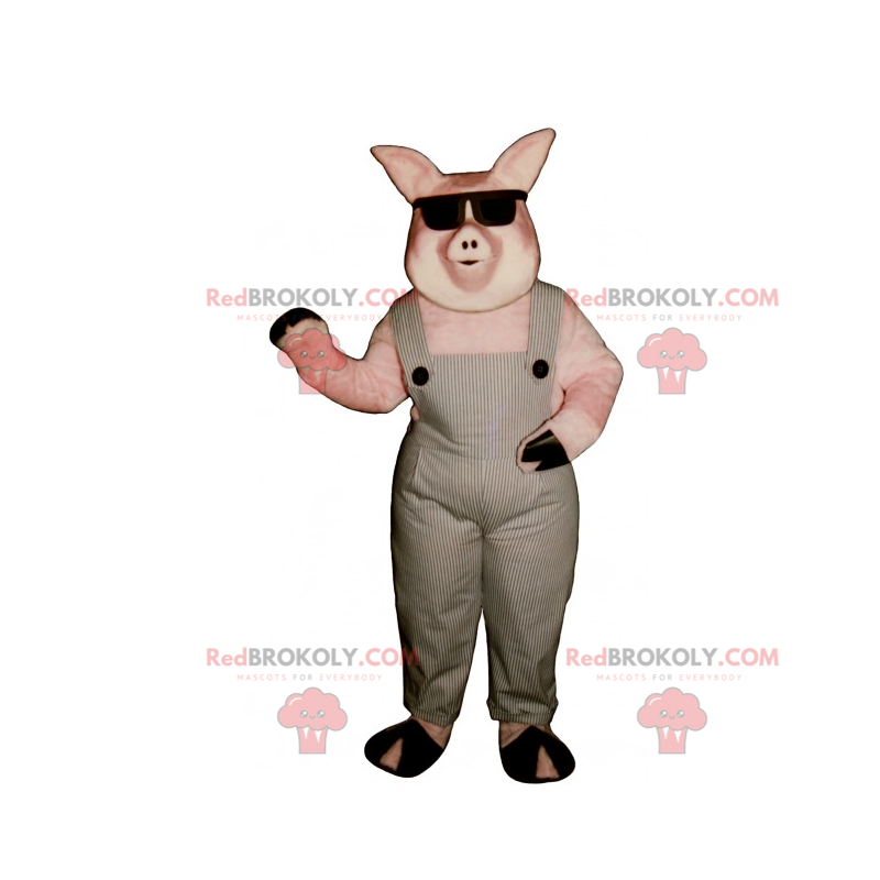 Maskot prasete v montérkách a tmavých brýlích - Redbrokoly.com