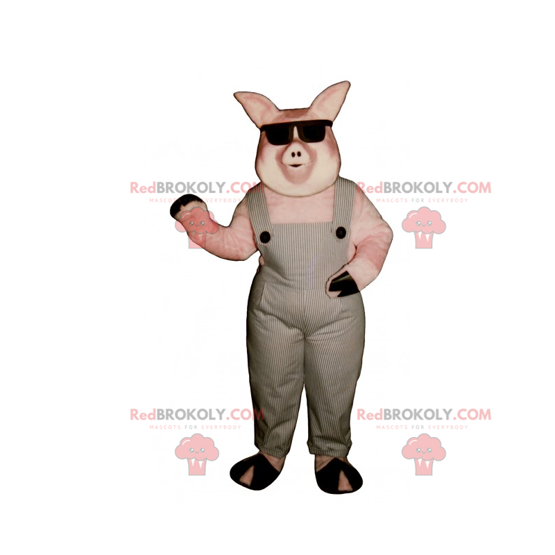 Schweinemaskottchen in Overalls und dunklen Gläsern -