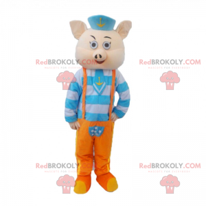 Mascote porco em traje de marinheiro azul e laranja -