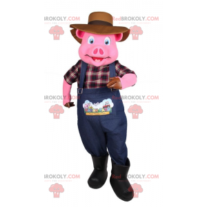 Mascota de cerdo rosa en traje de granjero - Redbrokoly.com