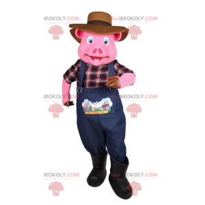 Pink pig mascot in farmer outfit - Redbrokoly.com