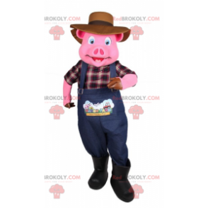 Pink pig mascot in farmer outfit - Redbrokoly.com