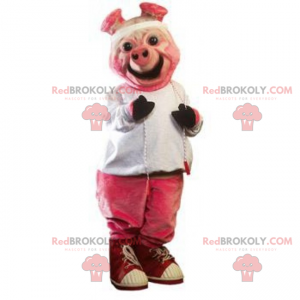 Mascotte de cochon rose souriant et tenue complète -