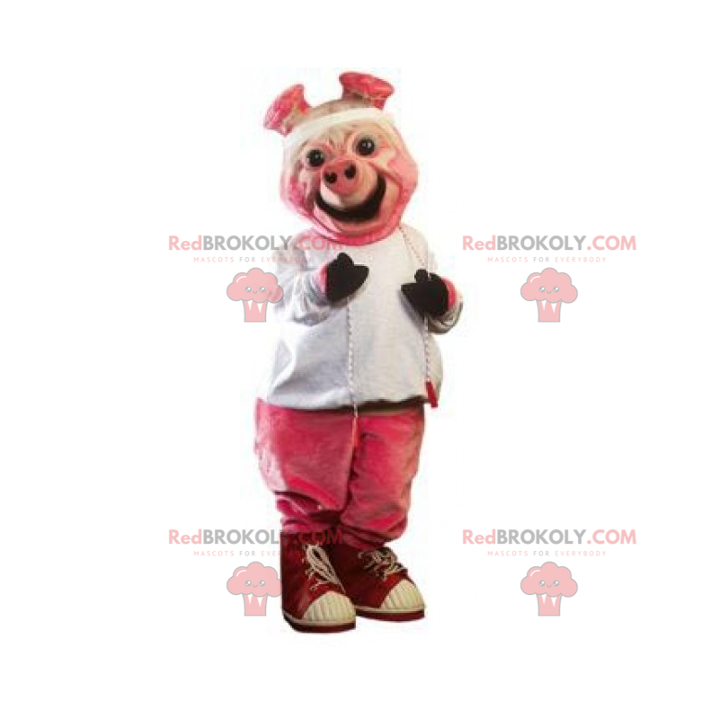 Mascote porco rosa sorridente e com roupa completa -