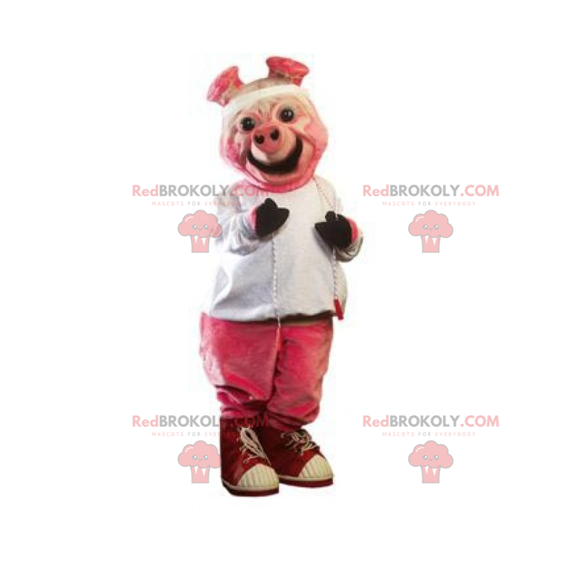 Mascotte di maiale rosa sorridente e vestito completo -