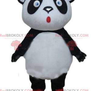Mascote grande panda preto e branco com olhos azuis -