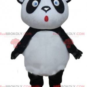 Mascotte de gros panda noir et blanc aux yeux bleus -