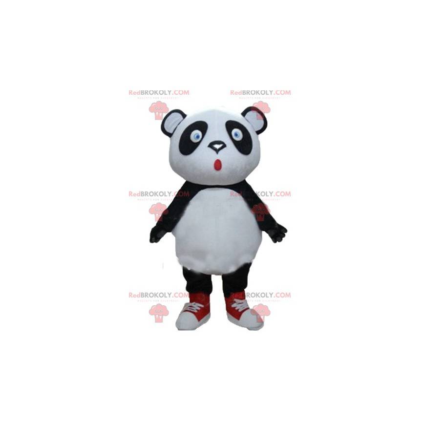 Grote zwart-witte panda-mascotte met blauwe ogen -