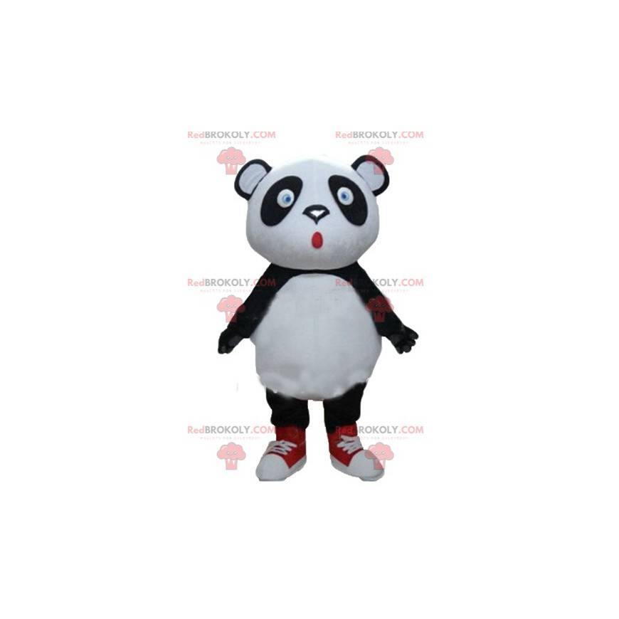 Mascotte de gros panda noir et blanc aux yeux bleus -