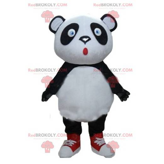 Grande mascotte panda bianco e nero con gli occhi azzurri -