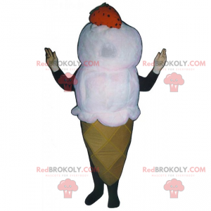 Mascota de cono de helado de vainilla con una fresa -
