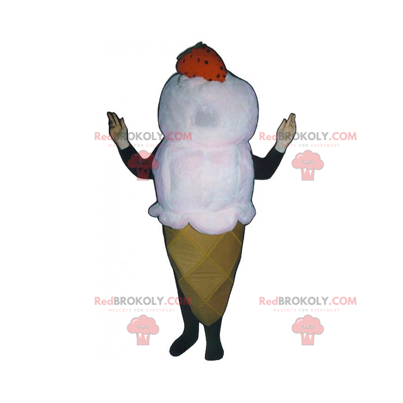 Mascota de cono de helado de vainilla con una fresa -