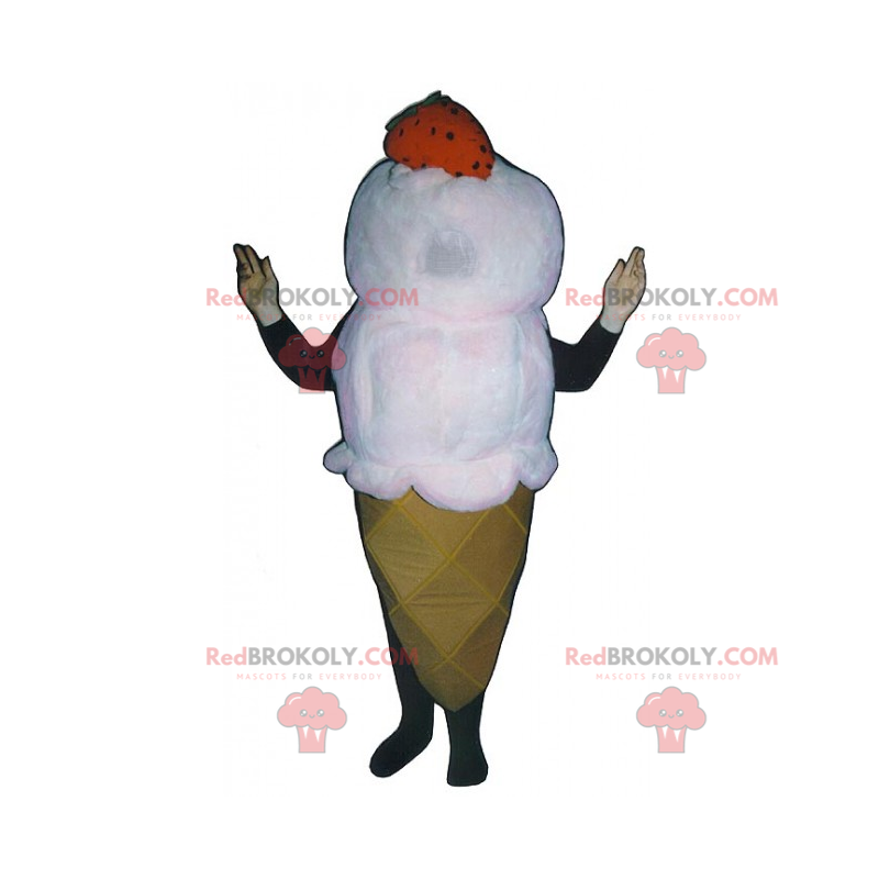 Vanilla ice cream cone mascot with a strawberry - Redbrokoly.com