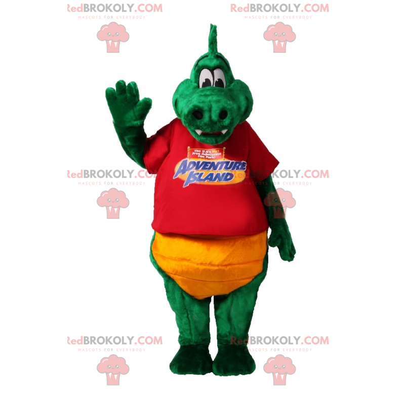 Grünes Krokodilmaskottchen mit einem roten T-Shirt -