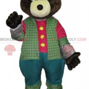 Mørkebrun bjørnemaskot i farverigt tøj - Redbrokoly.com