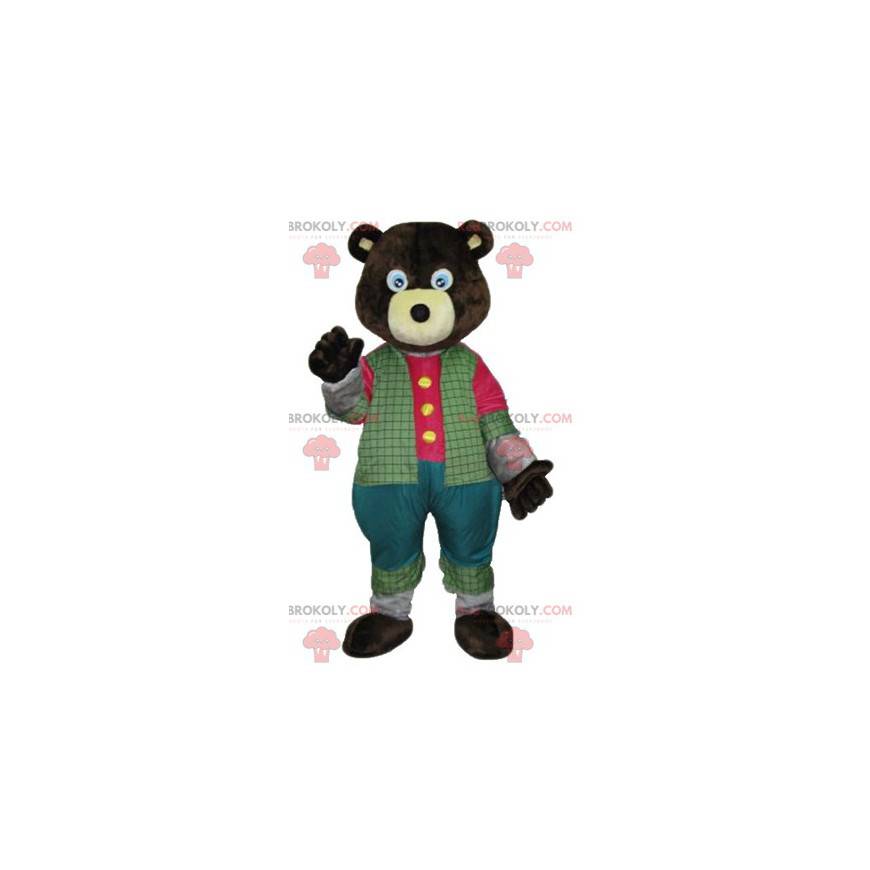 Mascote urso marrom-escuro com roupa colorida - Redbrokoly.com