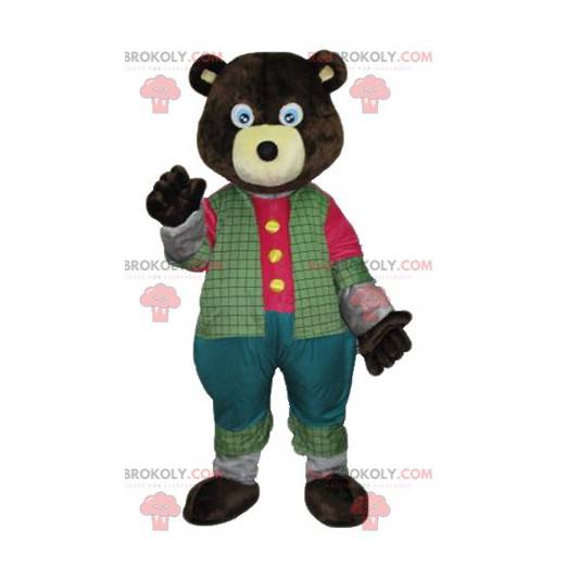 Mascote urso marrom-escuro com roupa colorida - Redbrokoly.com