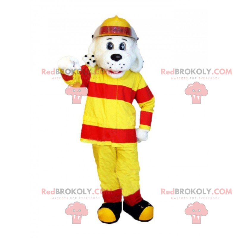 Dalmatian mascot in yellow firefighter outfit - Redbrokoly.com