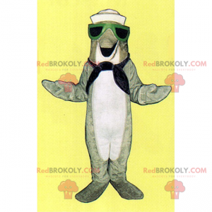 Mascota del delfín gris en traje de marinero - Redbrokoly.com
