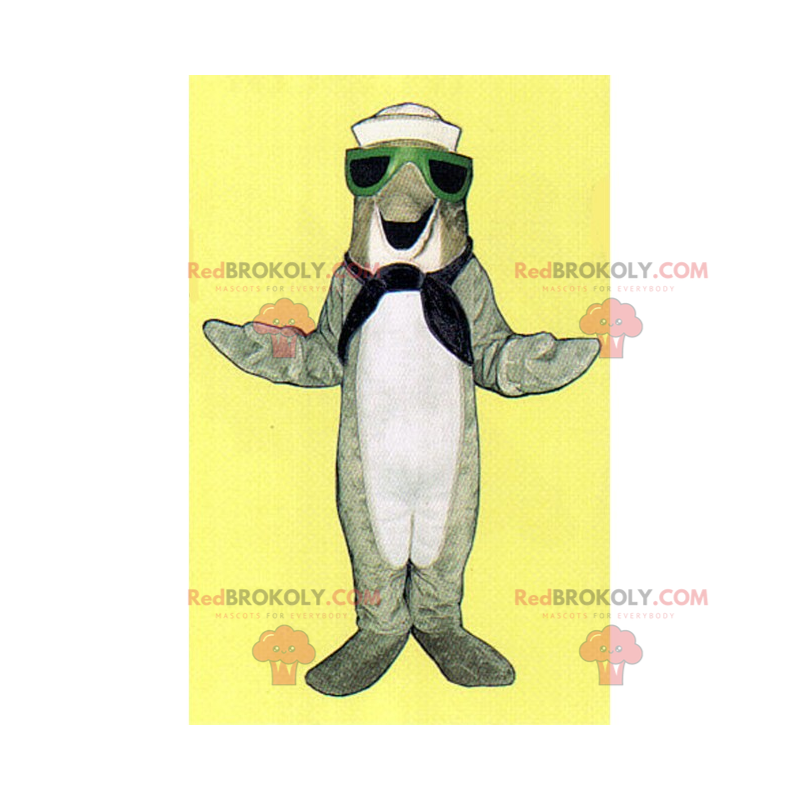 Mascota del delfín gris en traje de marinero - Redbrokoly.com