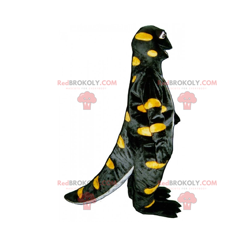 Mascote dinossauro preto com pontos amarelos - Redbrokoly.com