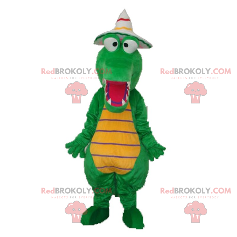 Dino-Maskottchen mit spitzem Hut - Redbrokoly.com
