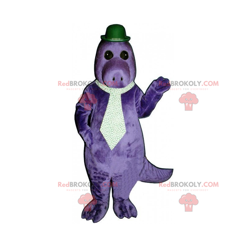 Dino mascotte met stropdas en bolhoed - Redbrokoly.com