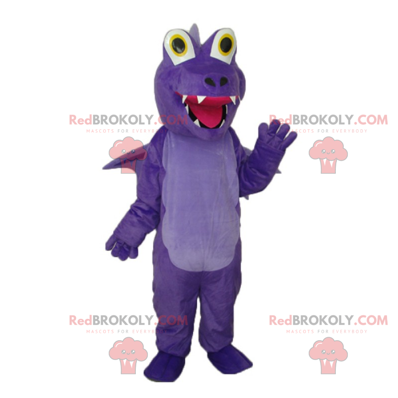 Fialový maskot Dino s úsměvem s velkýma očima - Redbrokoly.com