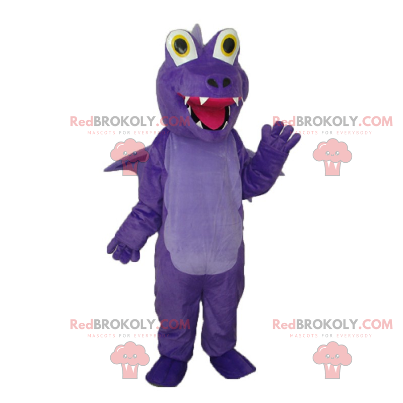 Lila Dino Maskottchen lächelnd mit großen Augen - Redbrokoly.com