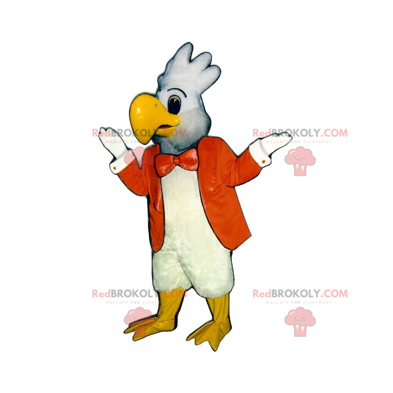 White parrot mascot with an orange jacket - Redbrokoly.com