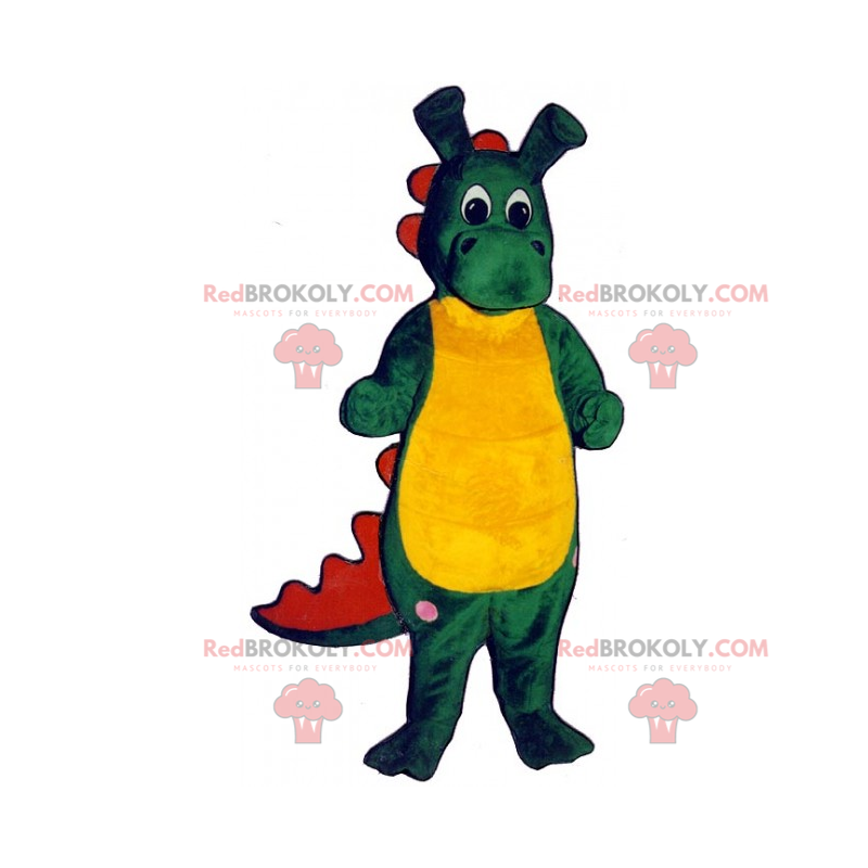 Mascota dinosaurio verde y amarillo con orejas largas -
