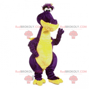 Mascotte dinosauro viola e giallo con occhi piccoli -