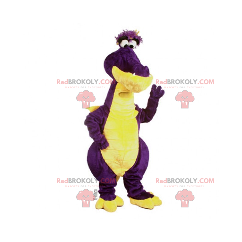 Purple and yellow dinosaur mascot with small eyes -