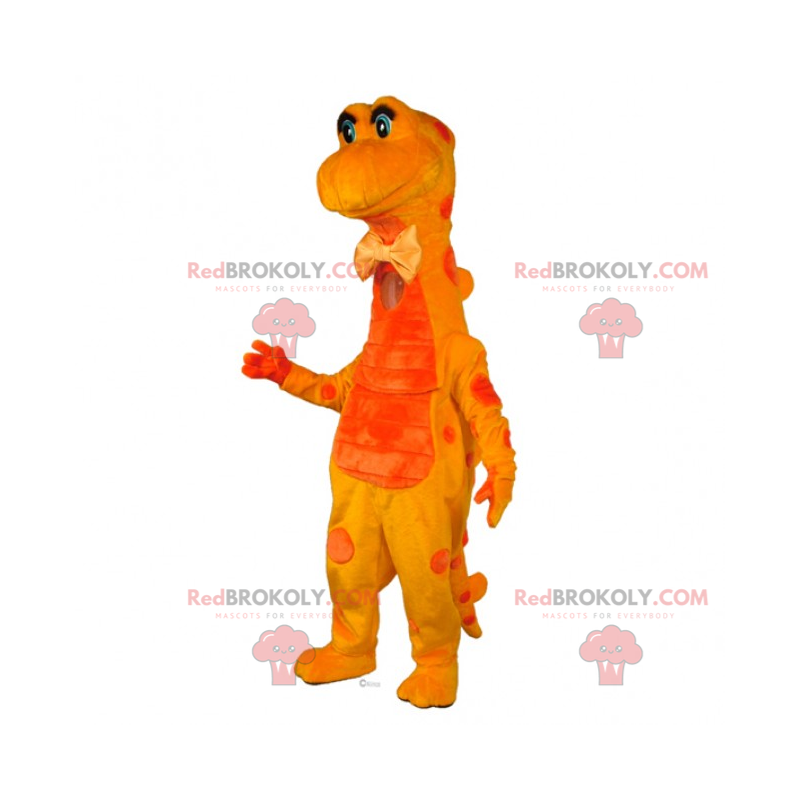 Mascote dinossauro amarelo com gravata borboleta -