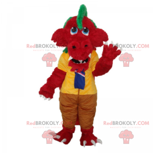 Mascote de dinossauro vermelho em roupas de escola -