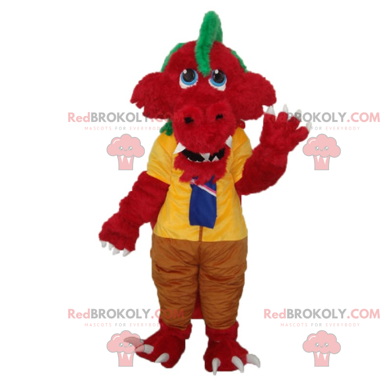 Rode dinosaurusmascotte in schoolkleren - Redbrokoly.com