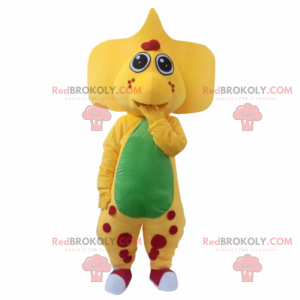 Mascota dinosaurio amarillo con orejas grandes y manchas rojas