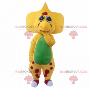 Mascotte dinosauro giallo con grandi orecchie e macchie rosse -