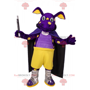 Mascota de dinosaurio púrpura en traje de mago