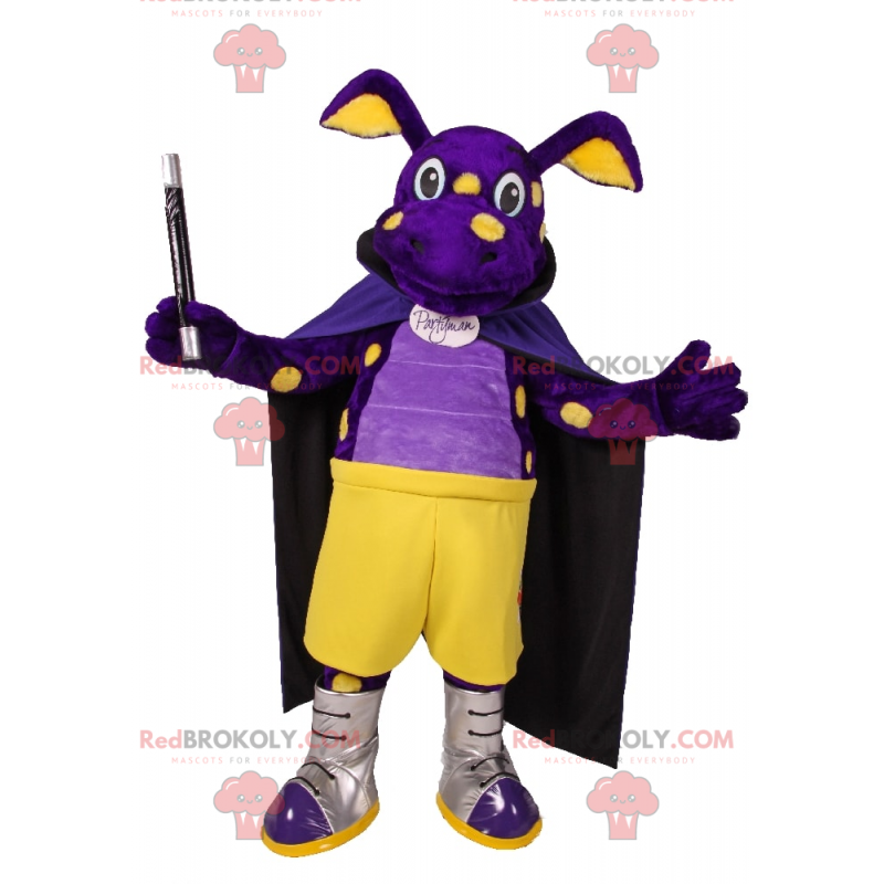 Mascote de dinossauro roxo com roupa de mágico - Redbrokoly.com