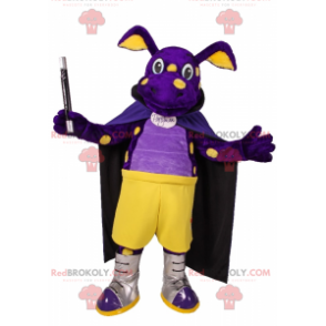 Mascotte de dinosaure violet en tenue de magicien -