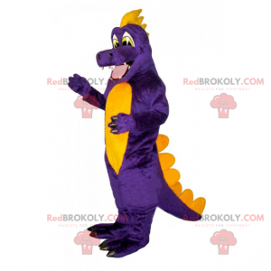 Mascota de dinosaurio púrpura y amarillo sonriendo -