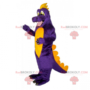 Sorridere della mascotte del dinosauro viola e giallo -