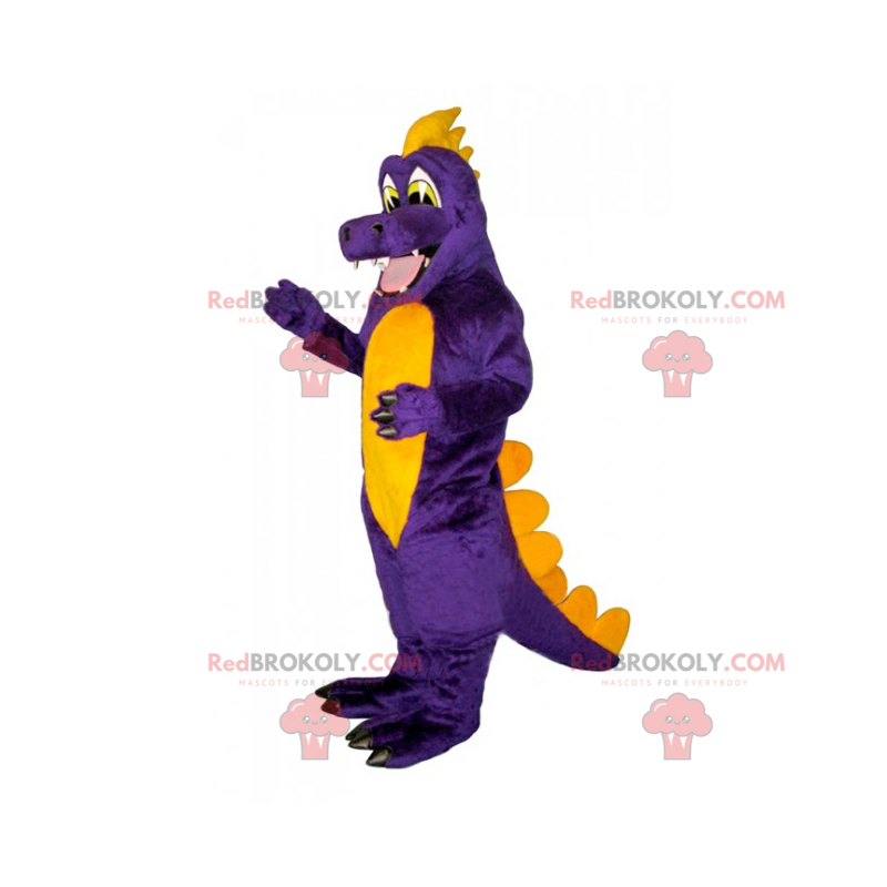 Mascota de dinosaurio púrpura y amarillo sonriendo -