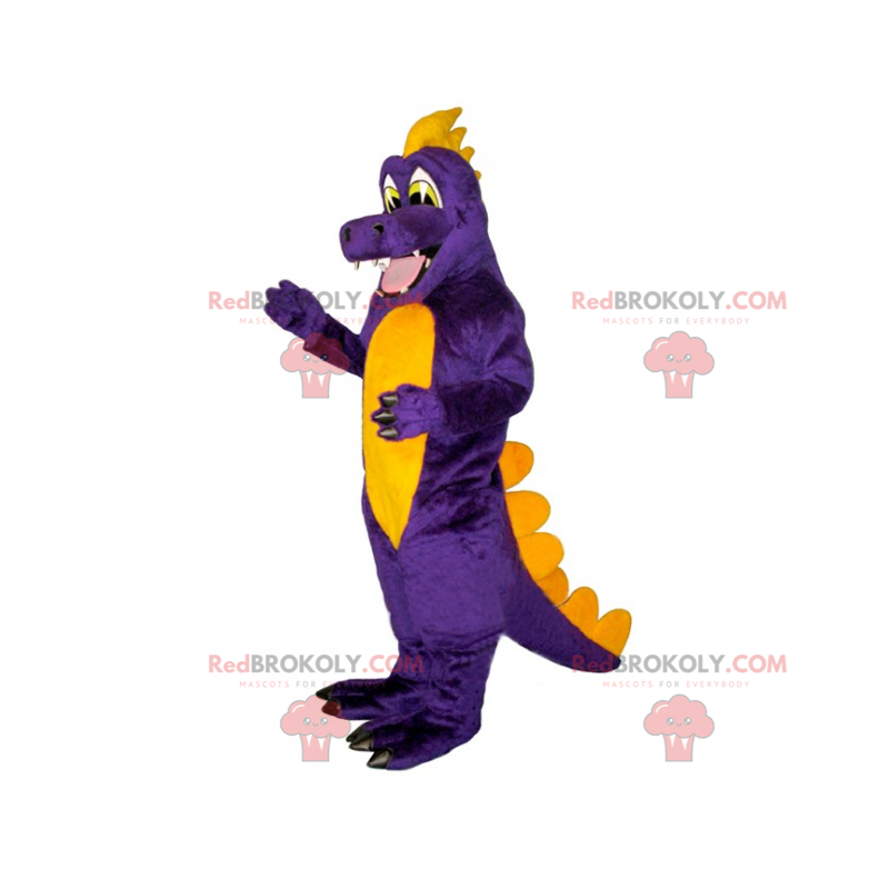 Mascote de dinossauro roxo e amarelo sorrindo - Redbrokoly.com