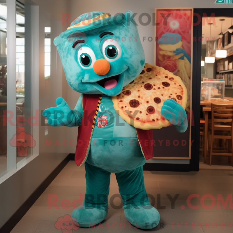 Fantasia de mascote pizza turquesa com calça de veludo e luvas - Mascotes da pizza - REBROKO_251300 - RedBrokoly.com